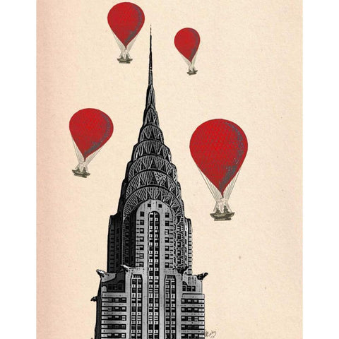 Chrysler Building and Red Hot Air Balloons Gold Ornate Wood Framed Art Print with Double Matting by Fab Funky