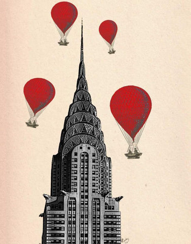 Chrysler Building and Red Hot Air Balloons White Modern Wood Framed Art Print with Double Matting by Fab Funky