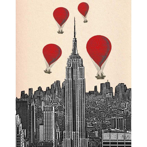 Empire State Building and Red Hot Air Balloons Black Modern Wood Framed Art Print with Double Matting by Fab Funky