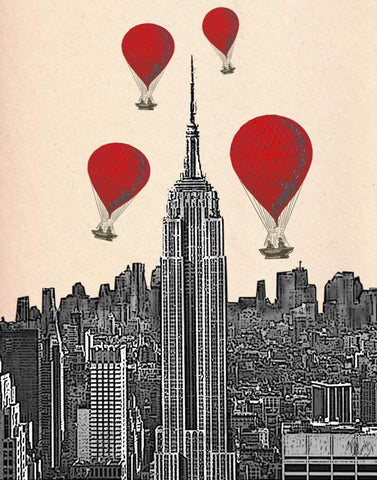 Empire State Building and Red Hot Air Balloons Black Ornate Wood Framed Art Print with Double Matting by Fab Funky