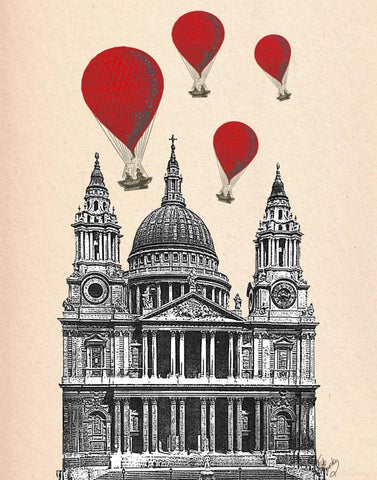 St Pauls Cathedral and Red Hot Air Balloons White Modern Wood Framed Art Print with Double Matting by Fab Funky