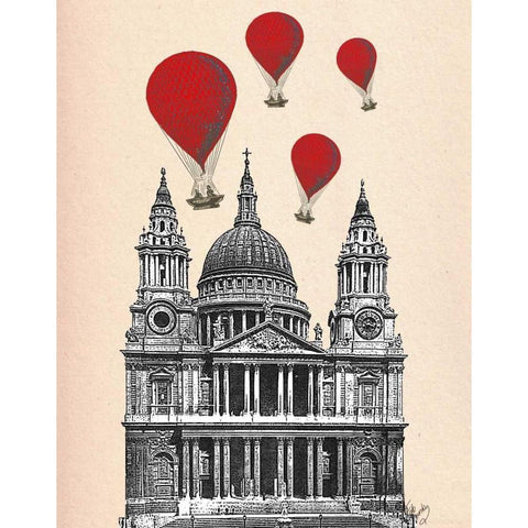 St Pauls Cathedral and Red Hot Air Balloons Black Modern Wood Framed Art Print with Double Matting by Fab Funky