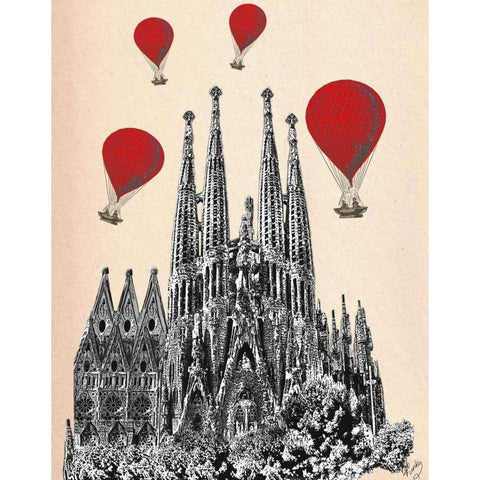 Sagrada Familia and Red Hot Air Balloons White Modern Wood Framed Art Print by Fab Funky