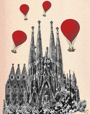 Sagrada Familia and Red Hot Air Balloons White Modern Wood Framed Art Print with Double Matting by Fab Funky