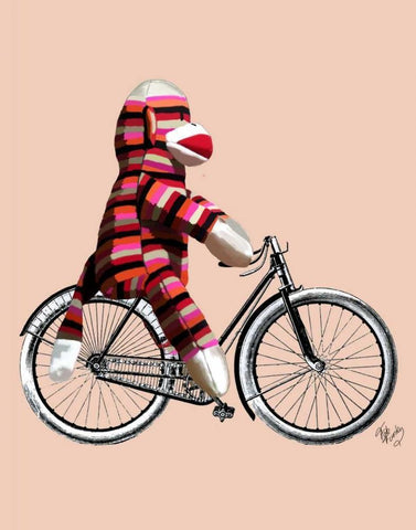 Sock Monkey on Bicycle Black Modern Wood Framed Art Print by Fab Funky