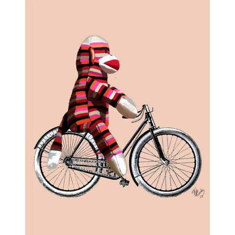 Sock Monkey on Bicycle White Modern Wood Framed Art Print by Fab Funky