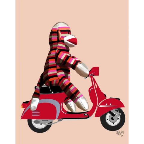 Sock Monkey on Red Moped White Modern Wood Framed Art Print by Fab Funky