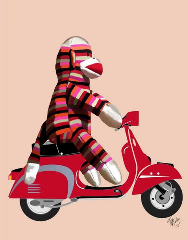 Sock Monkey on Red Moped Black Ornate Wood Framed Art Print with Double Matting by Fab Funky