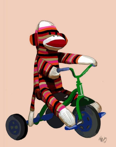 Sock Monkey Tricycle Black Ornate Wood Framed Art Print with Double Matting by Fab Funky