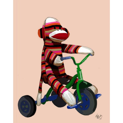 Sock Monkey Tricycle Gold Ornate Wood Framed Art Print with Double Matting by Fab Funky