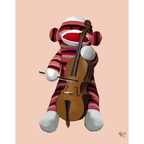 Sock Monkey and Cello Black Modern Wood Framed Art Print with Double Matting by Fab Funky