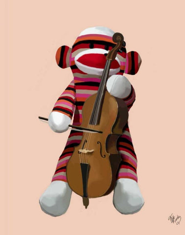 Sock Monkey and Cello Black Ornate Wood Framed Art Print with Double Matting by Fab Funky