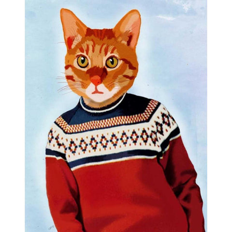 Cat in Ski Sweater White Modern Wood Framed Art Print by Fab Funky