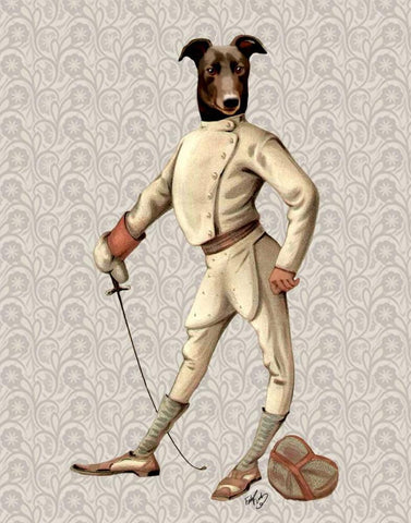 Greyhound Fencer in Cream Full Black Ornate Wood Framed Art Print with Double Matting by Fab Funky