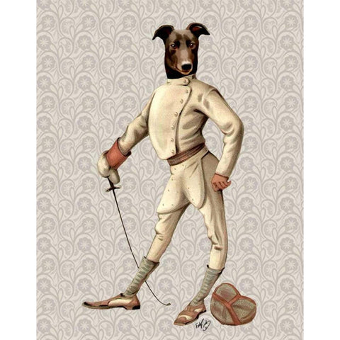 Greyhound Fencer in Cream Full White Modern Wood Framed Art Print by Fab Funky