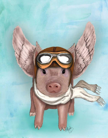 Aviator Piggy White Modern Wood Framed Art Print with Double Matting by Fab Funky