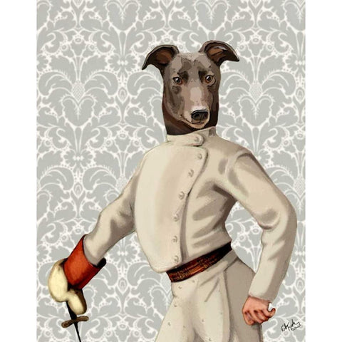 Greyhound Fencer in Cream Portrait Gold Ornate Wood Framed Art Print with Double Matting by Fab Funky