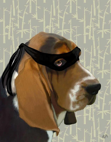 Ninja Basset Hound Dog White Modern Wood Framed Art Print with Double Matting by Fab Funky