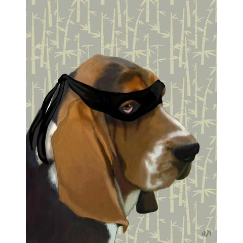 Ninja Basset Hound Dog Gold Ornate Wood Framed Art Print with Double Matting by Fab Funky