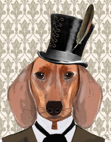 Dachshund Dog With Top Hat White Modern Wood Framed Art Print with Double Matting by Fab Funky