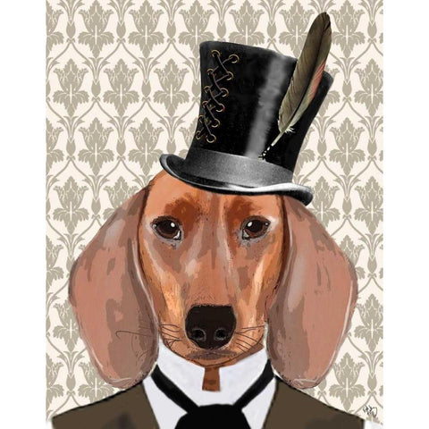 Dachshund Dog With Top Hat White Modern Wood Framed Art Print by Fab Funky