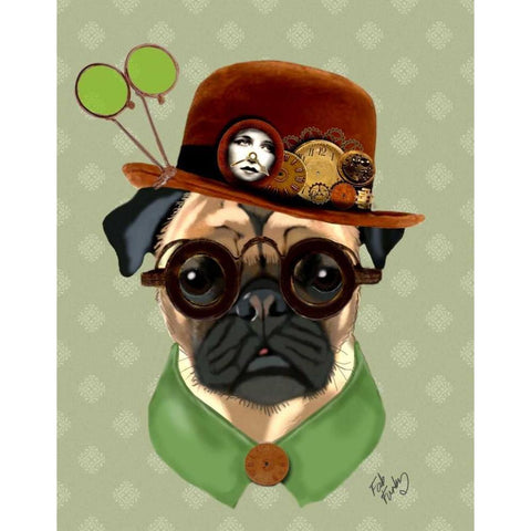 Pug With Steampunk Bowler Hat Black Modern Wood Framed Art Print with Double Matting by Fab Funky