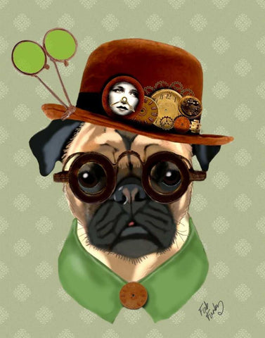 Pug With Steampunk Bowler Hat Black Ornate Wood Framed Art Print with Double Matting by Fab Funky