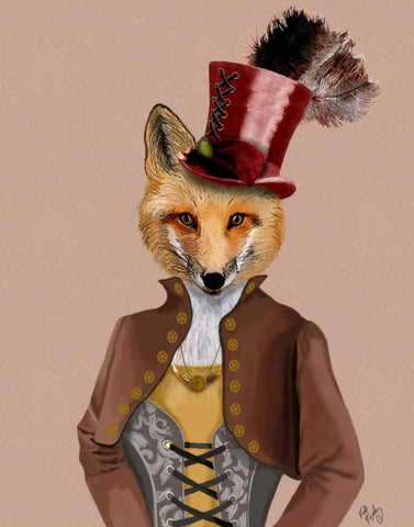 Vivienne Steampunk Fox White Modern Wood Framed Art Print with Double Matting by Fab Funky