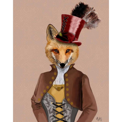 Vivienne Steampunk Fox Black Modern Wood Framed Art Print with Double Matting by Fab Funky