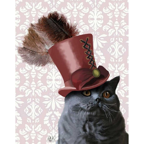 Grey Cat With Steampunk Top Hat Black Modern Wood Framed Art Print with Double Matting by Fab Funky