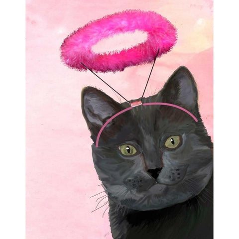 Black Cat With Pink Angel Halo White Modern Wood Framed Art Print by Fab Funky