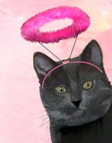 Black Cat With Pink Angel Halo White Modern Wood Framed Art Print with Double Matting by Fab Funky