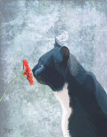 Black Cat Sniffing Flower White Modern Wood Framed Art Print with Double Matting by Fab Funky