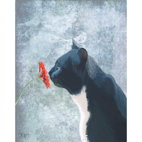 Black Cat Sniffing Flower Black Modern Wood Framed Art Print with Double Matting by Fab Funky