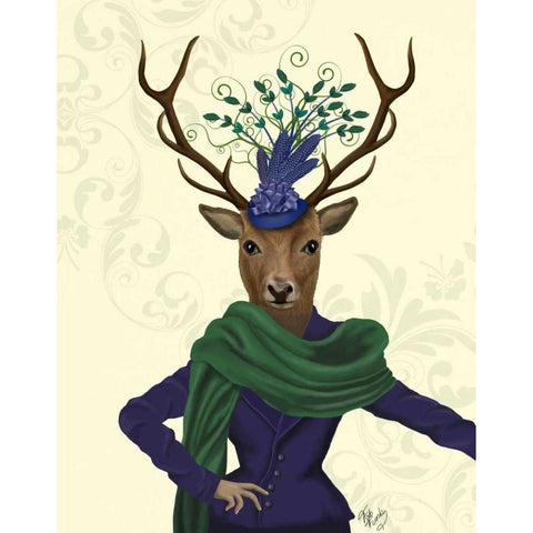 Deer and Fascinator Gold Ornate Wood Framed Art Print with Double Matting by Fab Funky