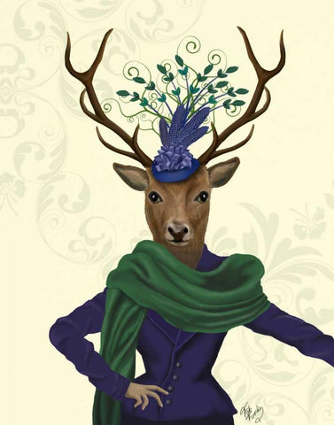 Deer and Fascinator White Modern Wood Framed Art Print with Double Matting by Fab Funky