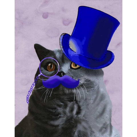 Grey Cat With Blue Top Hat and Moustache Gold Ornate Wood Framed Art Print with Double Matting by Fab Funky