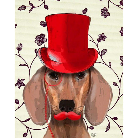 Dachshund With Red Top Hat Gold Ornate Wood Framed Art Print with Double Matting by Fab Funky