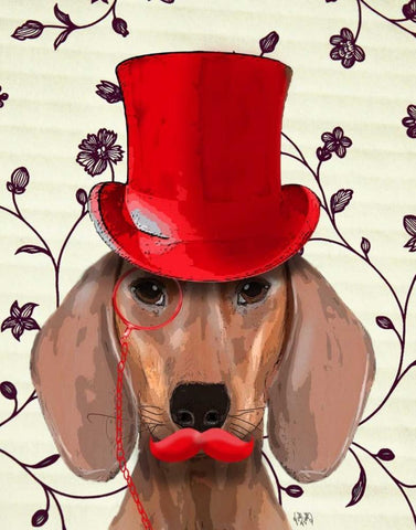 Dachshund With Red Top Hat White Modern Wood Framed Art Print with Double Matting by Fab Funky