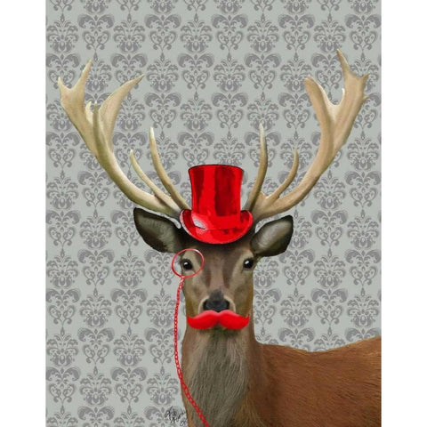 Deer With Red Hat and Moustache Black Modern Wood Framed Art Print with Double Matting by Fab Funky