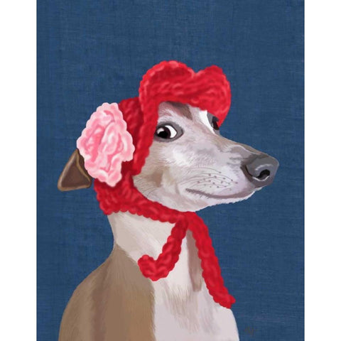 Greyhound with Red Woolly Hat Black Modern Wood Framed Art Print with Double Matting by Fab Funky