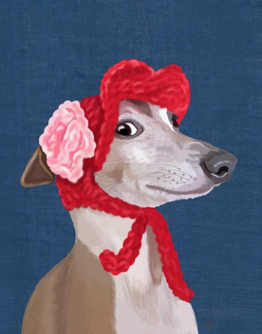 Greyhound with Red Woolly Hat White Modern Wood Framed Art Print with Double Matting by Fab Funky