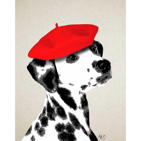 Dalmatian With Red Beret White Modern Wood Framed Art Print by Fab Funky