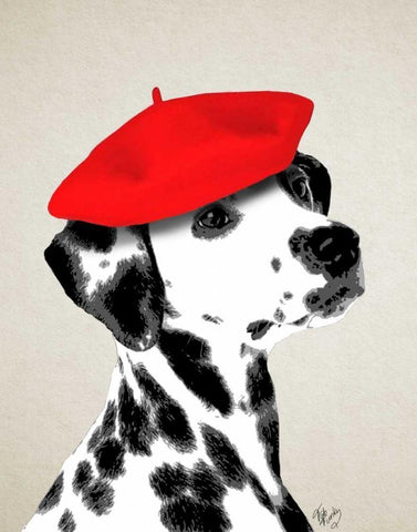 Dalmatian With Red Beret White Modern Wood Framed Art Print with Double Matting by Fab Funky