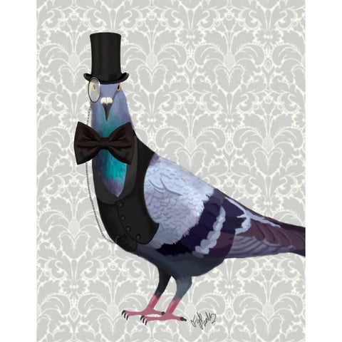 Pigeon in Waistcoat and Top Hat Black Modern Wood Framed Art Print with Double Matting by Fab Funky