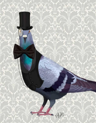 Pigeon in Waistcoat and Top Hat Black Ornate Wood Framed Art Print with Double Matting by Fab Funky