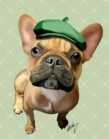 Brown French Bulldog with Green Hat White Modern Wood Framed Art Print with Double Matting by Fab Funky