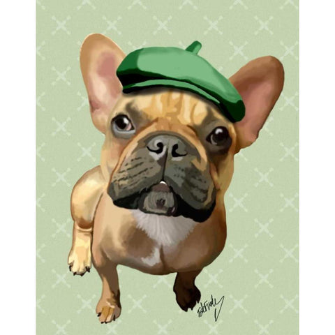 Brown French Bulldog with Green Hat White Modern Wood Framed Art Print by Fab Funky