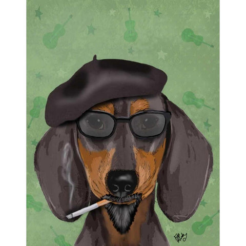 Hipster Dachshund Black Modern Wood Framed Art Print with Double Matting by Fab Funky