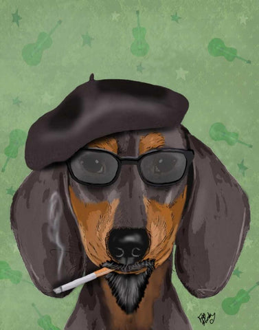 Hipster Dachshund White Modern Wood Framed Art Print with Double Matting by Fab Funky